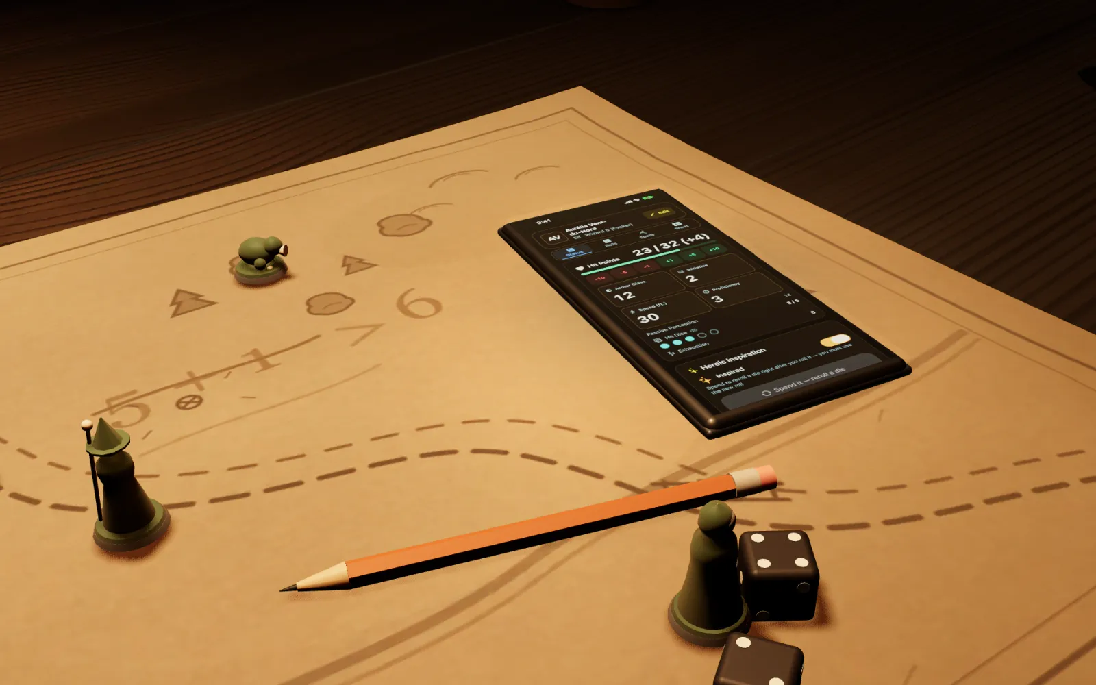 A phone on the oak table under lamplight, showing a character sheet.