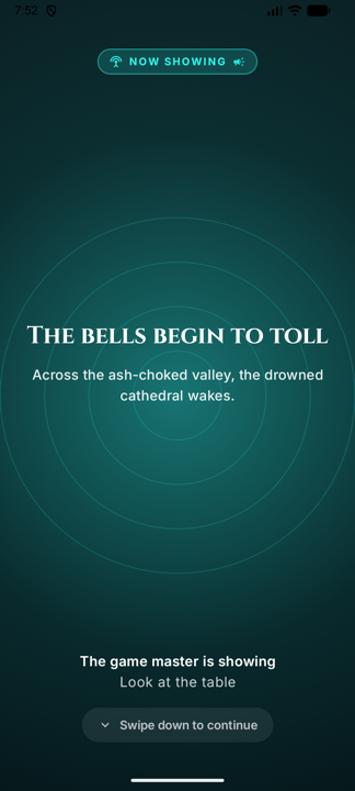 A player's phone blooming with the reveal: “The bells begin to toll.”
